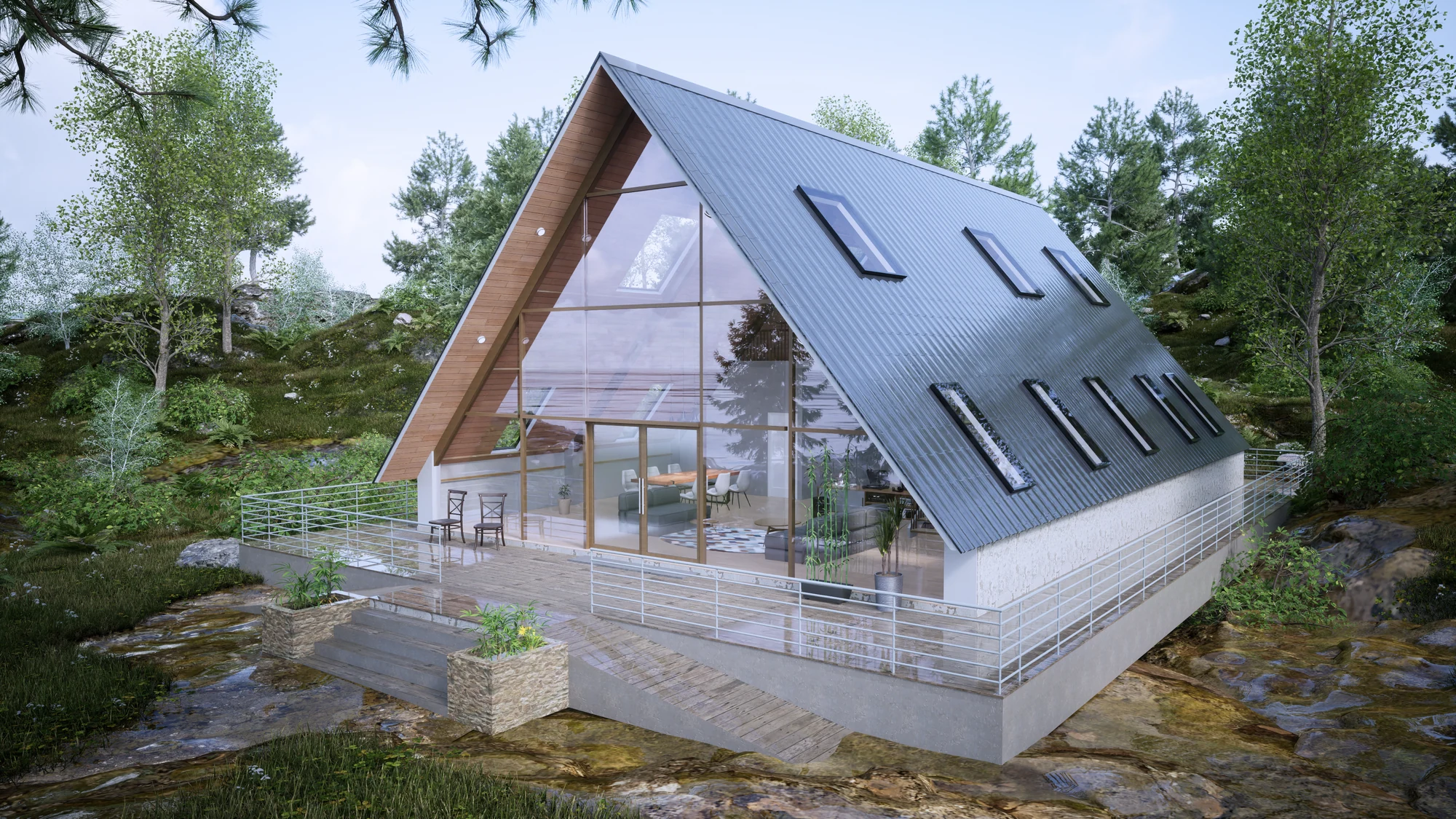 Cinematic architectural visualization of A-Frame Retreat nestled in a pine forest
