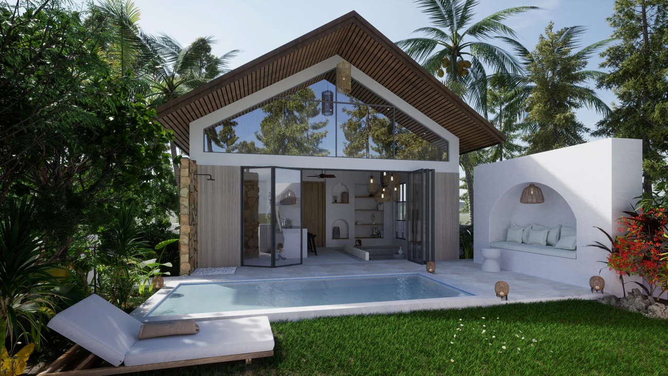 Poolside villa with a glazed gable, timber finishes and a landscaped terrace
