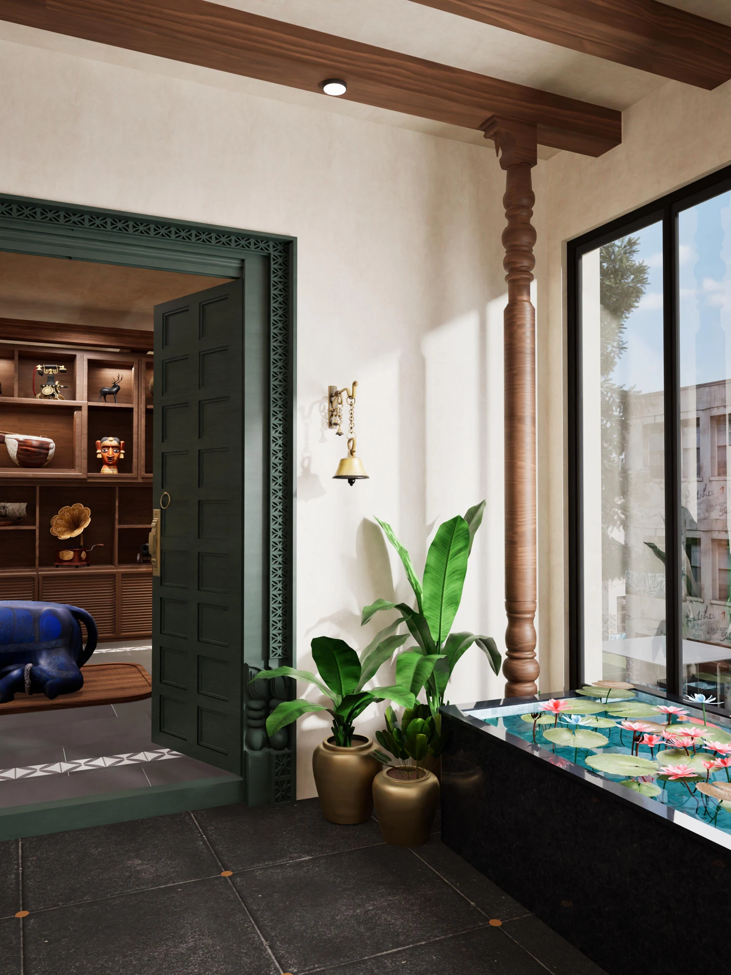 Restaurant entrance with a small water feature, plants, dark green door and timber beams